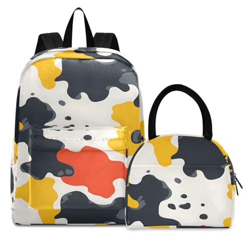 Backpack Lunch Bag Set Camo Pattern Print, Big Storage Travel Backpacks with Insulated Lunch Box for Office Hiking Picnic