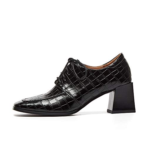 TinaCus Sapato Oxford feminino de couro genuíno bico quadrado feito à mão com cadarço salto médio gr