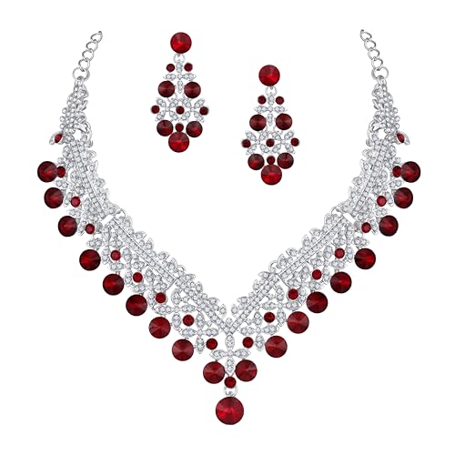 Atasi International SIlver Plated Ruby Red (Maroon) and White Crystals Necklace with Earrings for Women & Girls - Jewellery Set for Party, Wedding, Engagement & Festive (RMR6113)