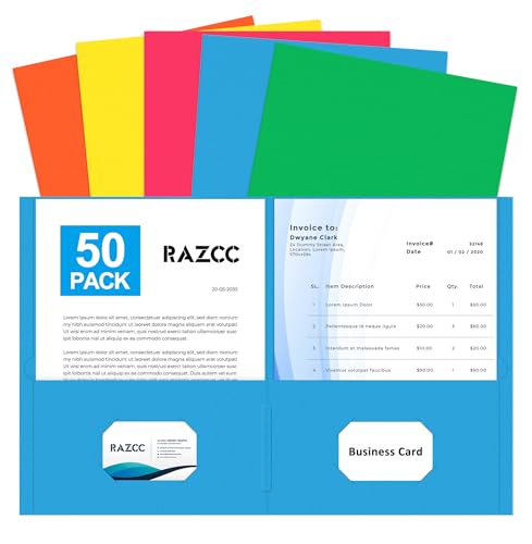 Two Pocket Folders, RAZCC 50 Pack File Folders with Pockets Fit Letter Size Paper, Thick Paper File Folder for School Office Business Home, Assorted 5 Colors