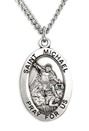 Heartland Store Men's Saint Michael Sterling Silver Oval Pendant + 24 Inch Rhodium Plate Chain With Clasp #TOP10