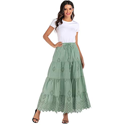 Love Welove Fashion Women's Summer Solid Cotton Embroidered Tiered Flare A-Line Ankle Length With Lining Maxi Skirt (Xxl, Solid Green) #TOP3