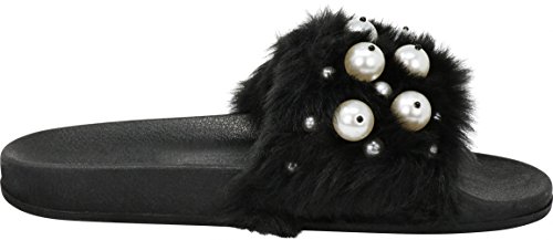 Cape Robbin Moira-12 Women Flip Flop Faux Fur Pearl Slide Slip On Flat Sandal Shoe Slipper Black 9