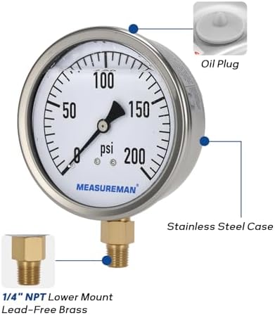 MEASUREMAN Glycerin Filled Plumbing Pressure Gauge 0-200psi Stainless Steel Case, 4" Dial 1/4" NPT Brass Lower Mount, Suitable for Pneumatic Tools, Water Filtration & Industrial Hydraulic Systems — 사진 5