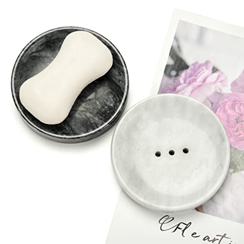 Tahit Round Genuine Marble Soap Dish, Real Stone Facial Sponge Tray With Drain, Natural Stone Soap Dishes Holder For Bathroom Shower Kitchen Sink (Black) #TOP7