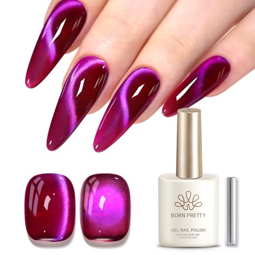 Born Pretty Burgundy Red Purple Crystal Cat Magnetic Eye Gel Nail Polish,Spring Summer Fruit Berry Magenta Holographic Shimmer Magnetic Gel Polish for Party,Holiday & Dating Dinner,15ML