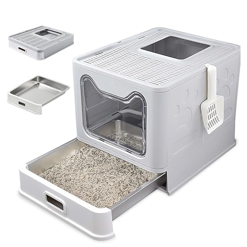 Katzenklo Edelstahl mit Deckel, Faltbare Geschlossene Katzentoilette mit Schublade, Geruchsfrei, Auslaufsicher, Leicht z...