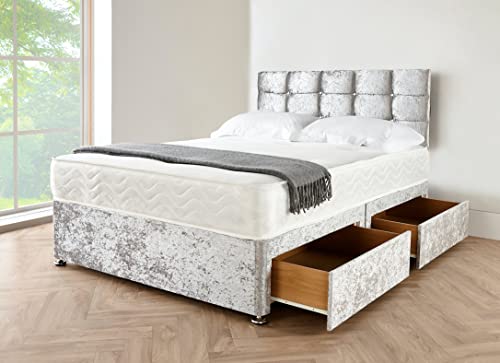 3FT Silver Single Divan Bed Set With Memory Foam Mattress 10" & Crushed Velvet Fabric Matching Headboard | 2 Storage Drawers (3ft single with 2 storage drawers)