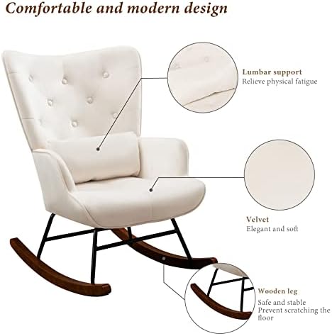 HomeMiYN Velvet Rocking Chair for Nursery Tufted Buttoned Reading Chair With Soft Lumbar and Wood Legs Recliner Relaxing Chair for Balcony Living Room Bedroom (Beige)