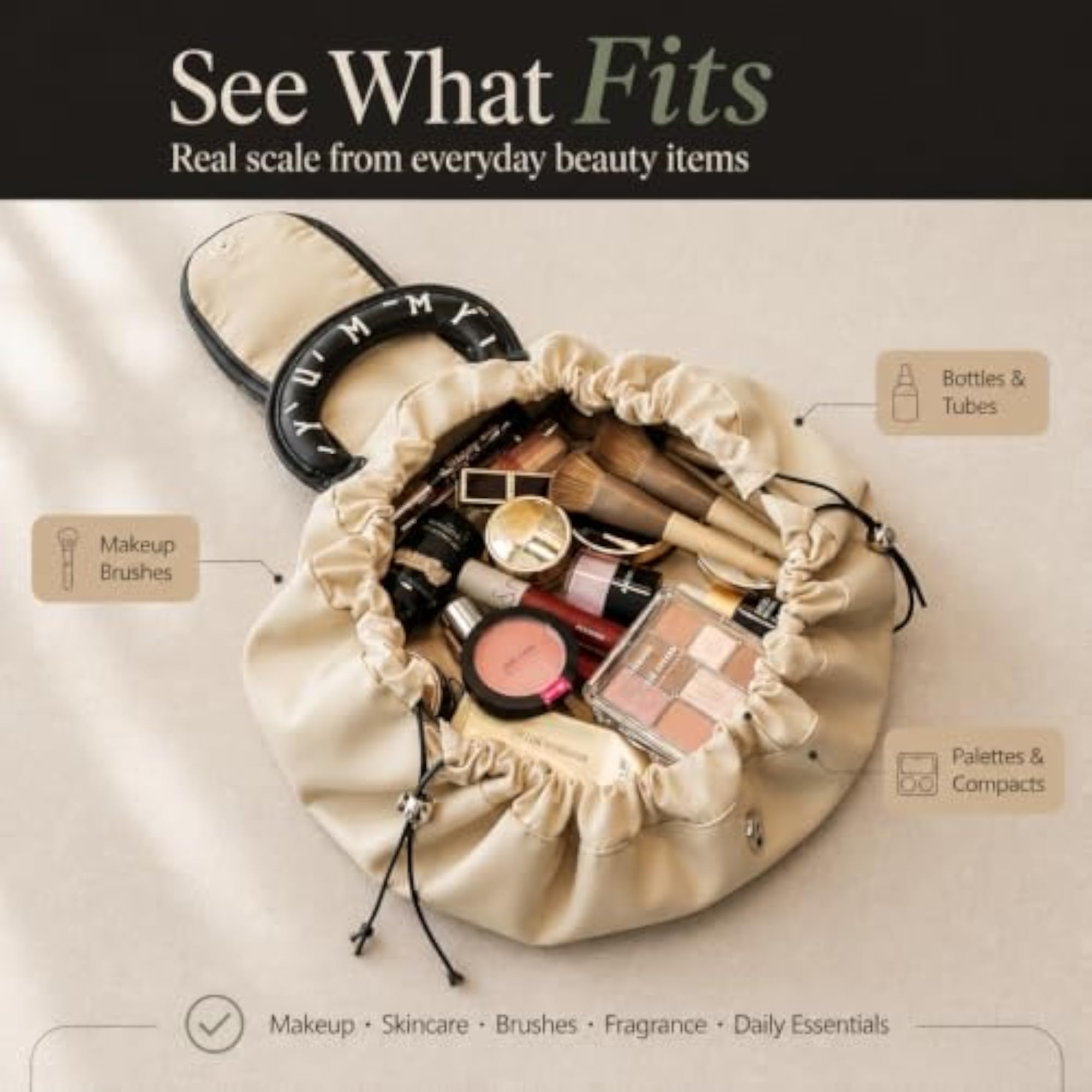 Lazy Drawstring Makeup Bag for Women, Large Capacity