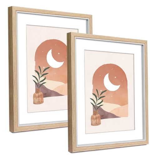 NUOLAN A4 Frame Set of 2 with Mats, 14x11 Natural Wood Pattern A4 Photo Frames Mount for Both - A4 Picture (or Certificate) & 7x5 Picture, Glass Front and Wall Mountable(EU-NL-008-11X14-WN)