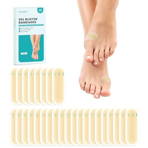 Image of Promifun Blister Bandages - 28 ct Hydrocolloid Cushions for Foot, Toe, Heel - Water Resistant Gel Pads for Prevention & Recovery, Bunion Pack