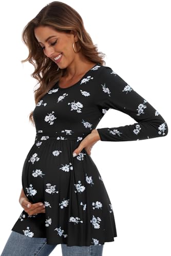 WOOXIO Women's Maternity Tops Short & Long Sleeve Pleated Waist Shirts Pregnancy Clothes Floral Black White,M