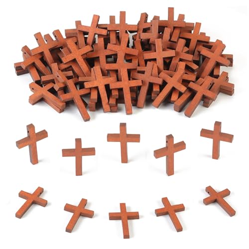 IHLOOTD 50 Pièces Petites Croix en Bois Marron, Mini Croix à Tenir pour la Prière, Croix de Pouce, Pendentif en Bois, Accessoire de Bijoux Faits à la Main pour DIY, Peinture, Loisirs Créatifs (A)