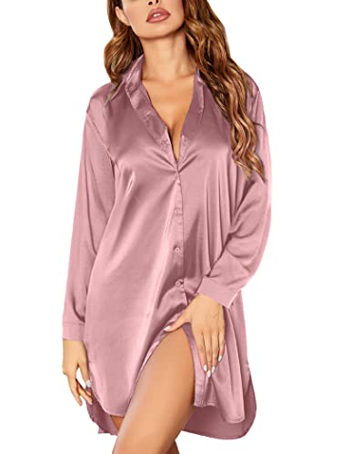 Ekouaer Womens Silk Satin Nightgown Button Down Sleepshirt Long Sleeve Sleepwear S-3XL