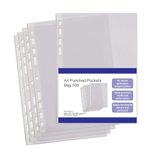 SUMMIT A4 Punched Pockets, 500 Clear Plastic Sleeves, Reinforced Multi-Punched Spine, 40 Microns for Durable Filing