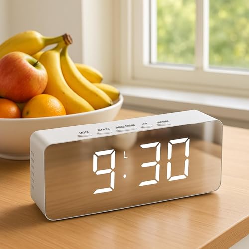 Image of REACHER Digital LED Mirror Alarm Clock|Table Smart Alarm Back Light Clock for Students, Office, Home & Bedroom with Sensor Date & Temperature for Heavy Sleeper 12 /24Hr Time, USB /Battery Powered