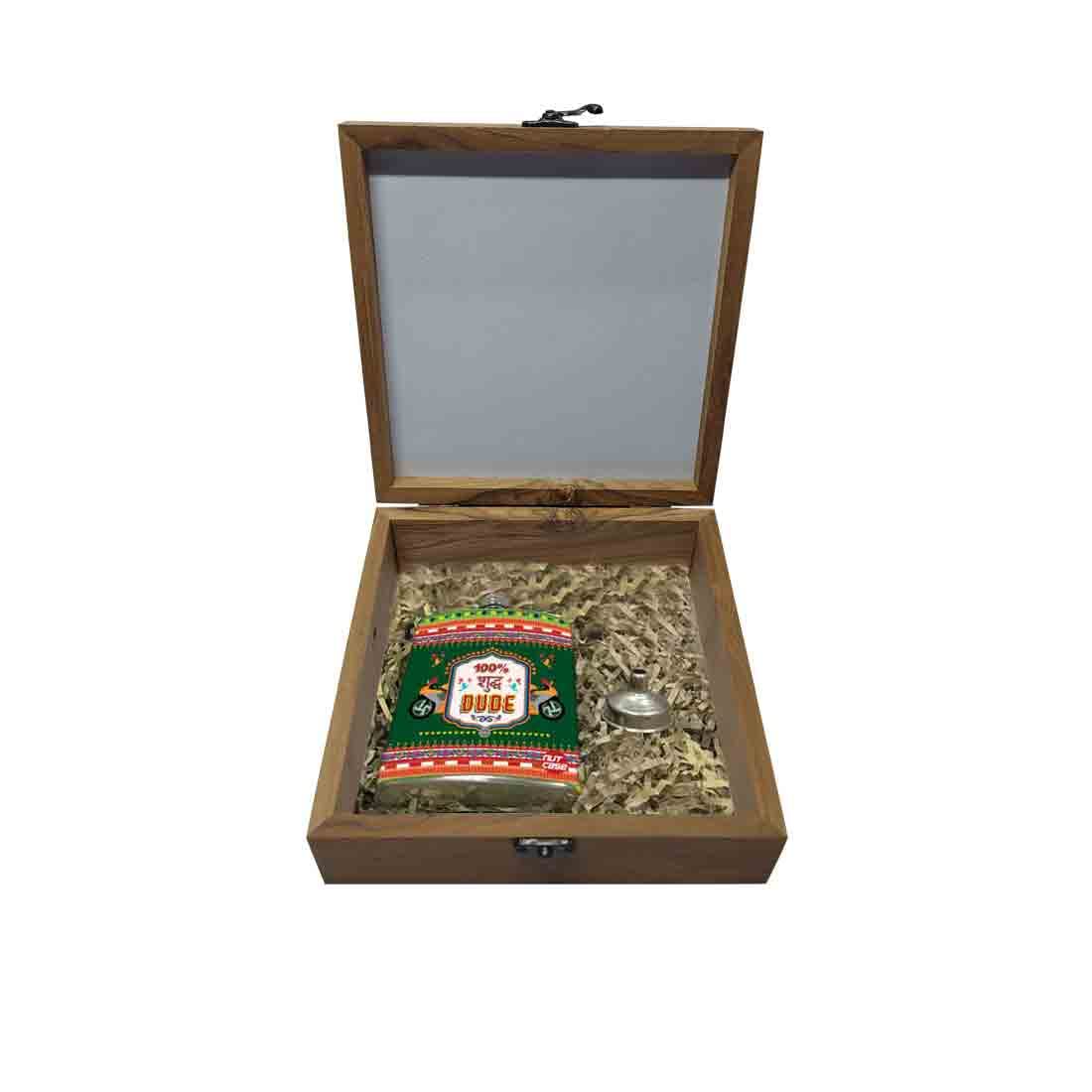 Designer Hip Flask Gift Set with Funnel - 9 oz Stainless Steel- Indian Kitsch Quirky Design - Suddh Dude-picture-33