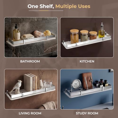 Image of Plantex Acrylic Shelf for Bathroom /Living Room Wall Mounted Shelf with Silver Railings - Bathroom Accessories (White, 18x6 inches)