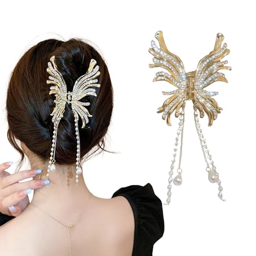 Rannyrena Gold Butterfly Hair Claw Clips Pearl Chain Tassel Rhinestone Butterfly Flower Hair Clips Tassel Nonslip Clamps Hair Accessories for Women