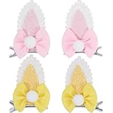 NCMAMA 4PCS Easter Bunny Ear Hair Bows for Girls, Pink and Yellow Glitter Hair Bow Clips, Cute Rabbit Ear Bows for Girls with Fully Lined Alligator Clips for Kids Girls Teens Women