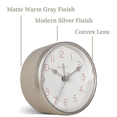 Presentime & Co 4" Chic Home Tabletop Alarm Mantel Clock, Desk And Shelf Clock, Silent No Ticking, Warm Gray And Chic Silver Finish. Tabletop Décor, Home Décor #TOP1