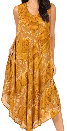 Sakkas 16801 - Laeila Tie Dye Washed Long Sleeveless Tank Top Caftan Dress/Cover Up - Olive - OS