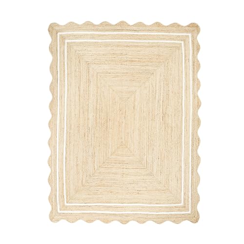 Wave Scalloped Jute Rug Entryway Natural Boho Area Rug Off-White 2'x4'