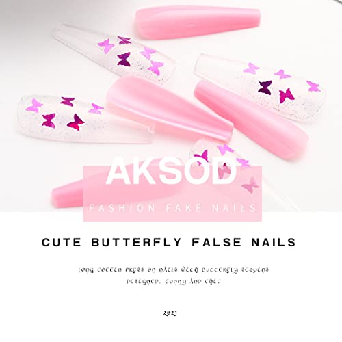 Aksod Glossy Gradient Pink Press On Nails Long Square Coffin Fake Nails Butterfly Glitter Sequins Art Acrylic False Nails Tips Ballerina Nails For Women And Girls (Pink B) #TOP2