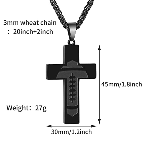 Glitto Football Cross Necklace For Boys Men Stainless Steel Cross Pendant Chain Religious Christian Baptism First Communion Confirmation Gifts Gear Accessories Jewelry Gifts East Basket Stuffers Valentine's Day Joshua 1:9 Black #TOP4