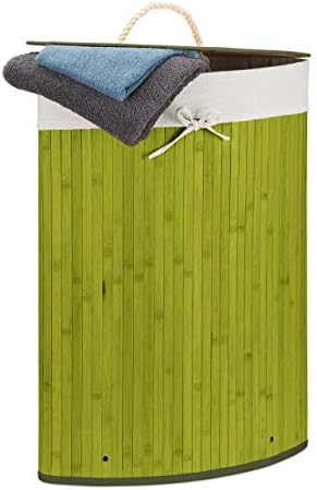 Relaxdays Bamboo Corner Basket, 65 x 49.5 x 37 cm, 64L, Folding Hamper with Laundry Sack, Green