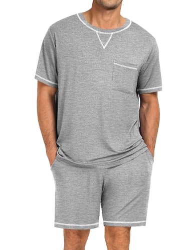 Image of SWOMOG Mens Pajamas Set Summer Sleepwear Short Sleeve Pjs Set Soft 2 Piece Lounge Set Comfy Loungewear with Pockets