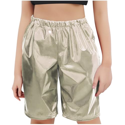 High Waisted Shiny Shorts for Girls Bermuda Elastic Waist Fashion Plaid Dance Shorts for Performance Silver