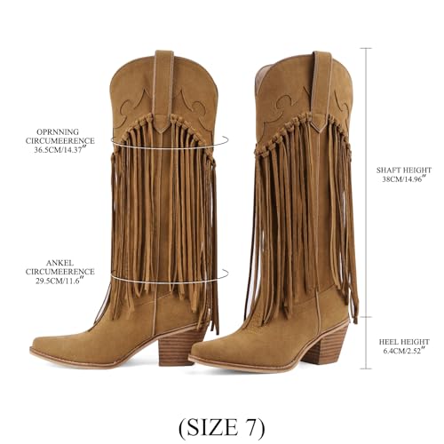 POYOIOR Brown Suede Fringe Knee High Cowgirl Boots for Women Embroidered Pointed Toe Chunky Block Heel Cowboy Western Wide Calf Tassel Tall Boots Pull on 2025 Fall Winter Vintage Long Booties Size 9.5 by POYOIOR - Used condition - Image 6