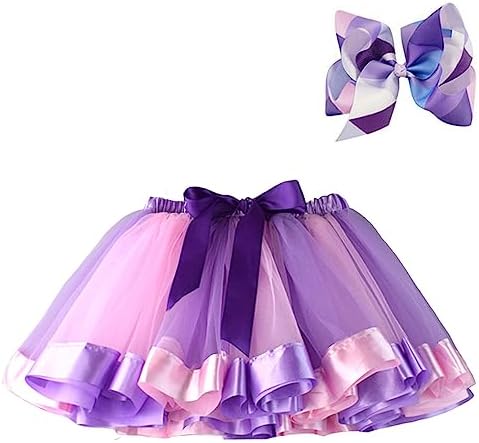 BGFKS Layered Ballet Tulle Rainbow Tutu Skirt for Little Girls Dress Up with Colorful Hair Bows(Purple,2-4T)