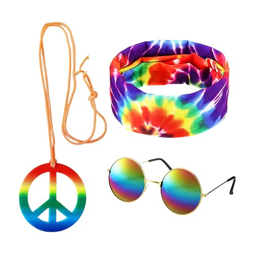 KRYMSON - Disfraz hippie de 3 piezas con gafas de sol Pop Bandana Batik colgante signo de la paz traje retro disco accesorios de moda unisex noche multicolor talla única