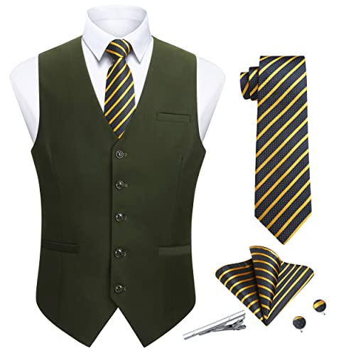 Enlision Chalecos de Hombres Formal Chaleco Corbata y Pañuelo Conjunto Verde Ejército Chaleco de Vestir para Hombre S