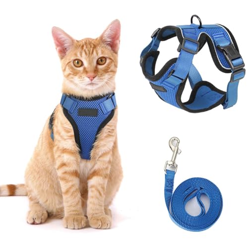 猫 ハーネス リード セット 猫用ハーネス 猫 リード サイズ調節可 夜反射 通気メッシュ 猫 散歩 紐 ひも はーねす りーど M (ブルー, XS)