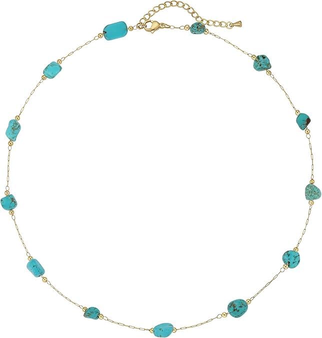 Beaded Strand Necklace for Women, Gold Plated Chain Boho Turquoise Dainty Necklace, Stainless Steel Jewelry for Daily Wear & Gift