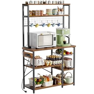 ROOMTEC Baker’s Rack with Power Outlet, Microwave Stand with Storage, Kitchen Free Standing Baker Racks and Shelves with 6 S-Shaped Hooks
