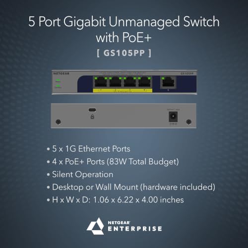 Image of NETGEAR 5-Port Gigabit Ethernet Unmanaged PoE+ Switch - with 4 x PoE+ @ 83W, Dynamic PoE, Fanless, Desktop or Wall Mount (GS105PP)