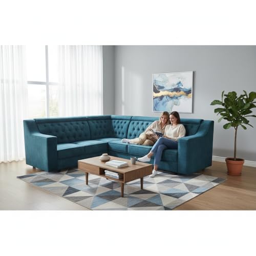 Image of APRODZ Wooden Sofa Set 6 Seater for Living Room, Solid Wood L Shape Sectional Sofa with Velvet Fabric Upholstery, Cushioned Seating for Home, Office & Lounge, Blue