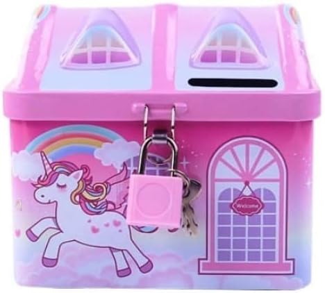 Cute & Colorful Unicorn Printed Metal Piggy Bank with Secure Lock & Keys for Kids, House Shaped Money Saving Storage Coin Collection Box for Girls, Children (Pack of 1, Multicolor,Classic)