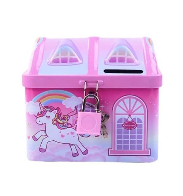 YBN Cute & Colorful Unicorn Printed Metal Piggy Bank with Secure Lock & Keys for Kids, House Shaped Money Saving Storage Coin Collection Box for Girls, Children (Pack of 1, Multicolor,Classic)