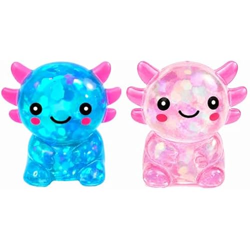 2 Packs Axolotl Squishy Toy, Glitter Fidget Toys Cute Axolotl Stress Relief Squeeze Toy Gifts for Kids Adult, Squishies Toys，bluepink