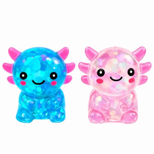 2 Packs Axolotl Squishy Toy, Glitter Fidget Toys Cute Axolotl Stress Relief Squeeze Toy Gifts for Kids Adult, Squishies Toys,bluepink
