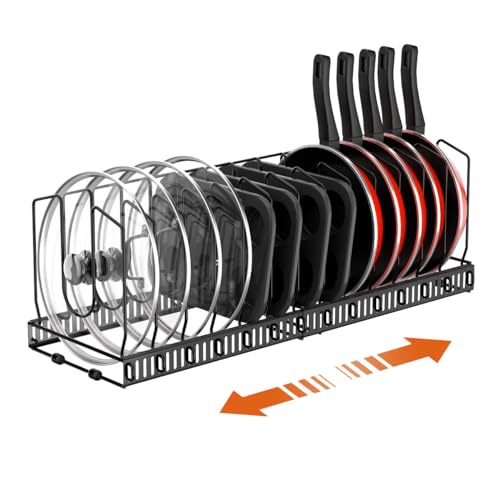 Housolution Organizador de Sartenes, Mejorado Extensible Organizador Tapas Ollas con 14 Compartimentos Ajustable, Soporte Sartenes para Cocina, Negro