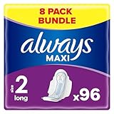Always Maxi Sanitary Towels with Wings, Size 2, Long, 96 Towels (12 x 8 Packs), Anti-leakage Barriers, Protection & Comfort
