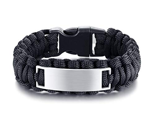 Mzzj Personalized Engraving Wide Stainless Steel Id Handmade Braided Black Nylon Outdoor Sport Paracord Survival Cuff Bracelet,Mens Gift, Dad Gift, Husband Gift,9.0 Inches #TOP1