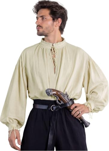 VIBNRIX Unisex Medieval Renaissance Shirt — 100% Cotton Poet Blouse with Pleated Neckline for Pirate Cosplay & LARP